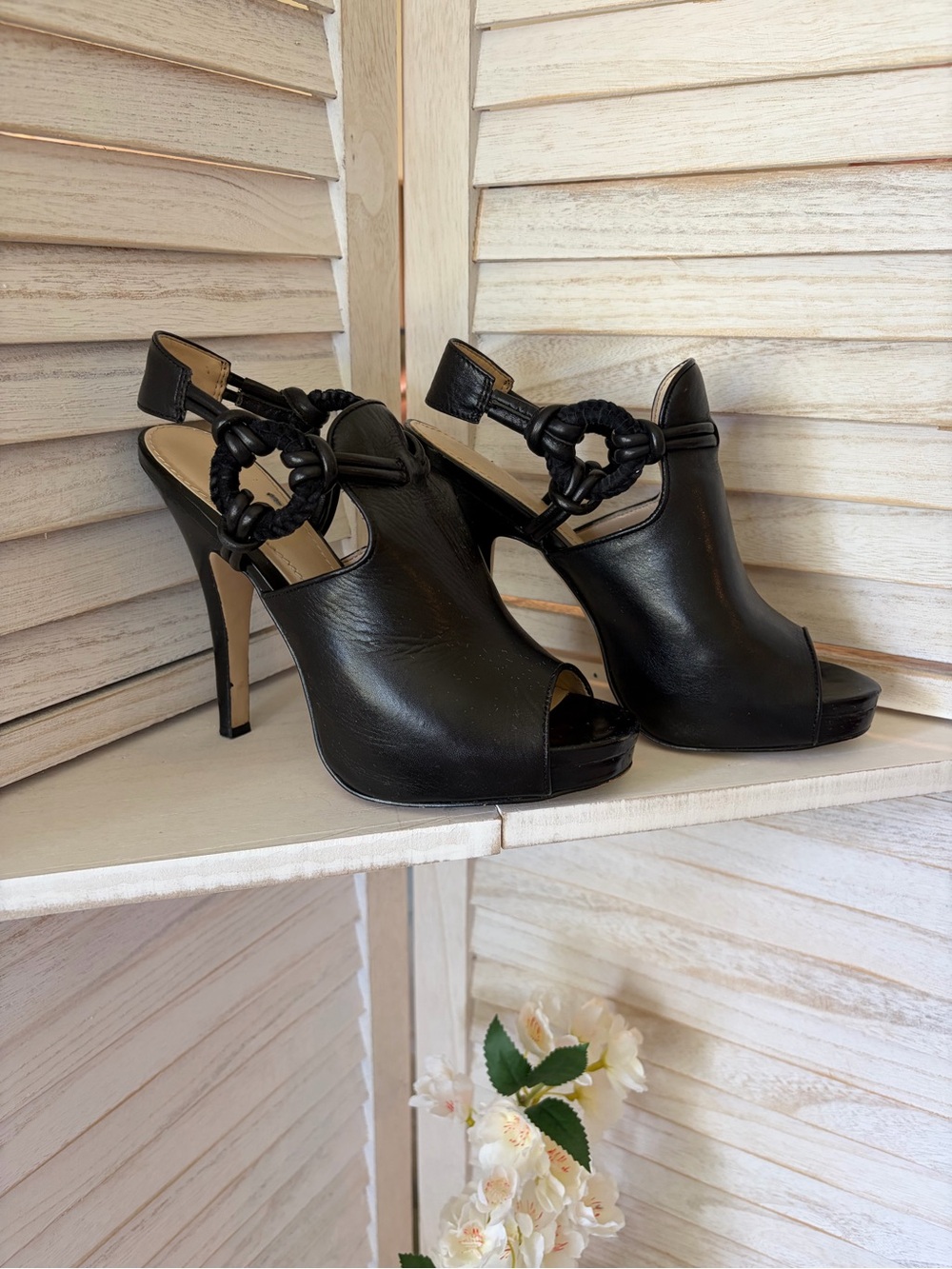 Calvin Klein Black Leather Peep-Toe High Heel Slingbacks